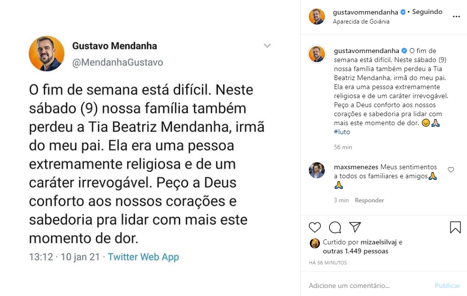 Tia do prefeito Gustavo Mendanha morre neste sábado