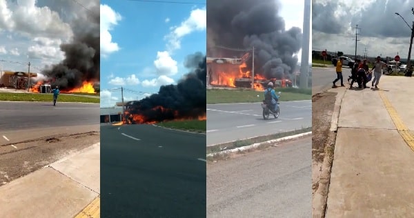 VÍDEO: Carreta transportando combustível tomba e pega fogo