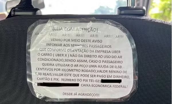 Motorista de app cobra taxa extra para ligar ar-condicionado do veículo