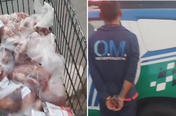 VÍDEO: Homem é preso tentando furtar 70 quilos de carne e whisky de supermercado, em Aparecida