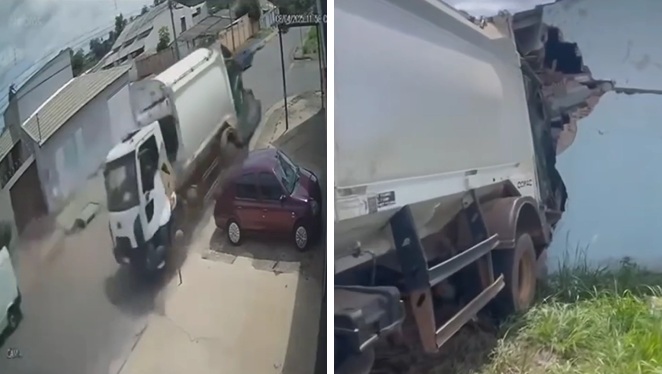 Caminhão de lixo perde o freio, bate em carro e invade casa