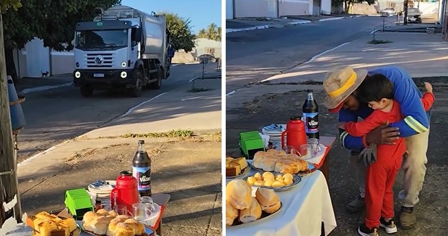 Criança de 3 anos comemora aniversário com os garis da cidade