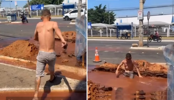 VÍDEO: Homem toma banho em buraco aberto por ruptura de cano