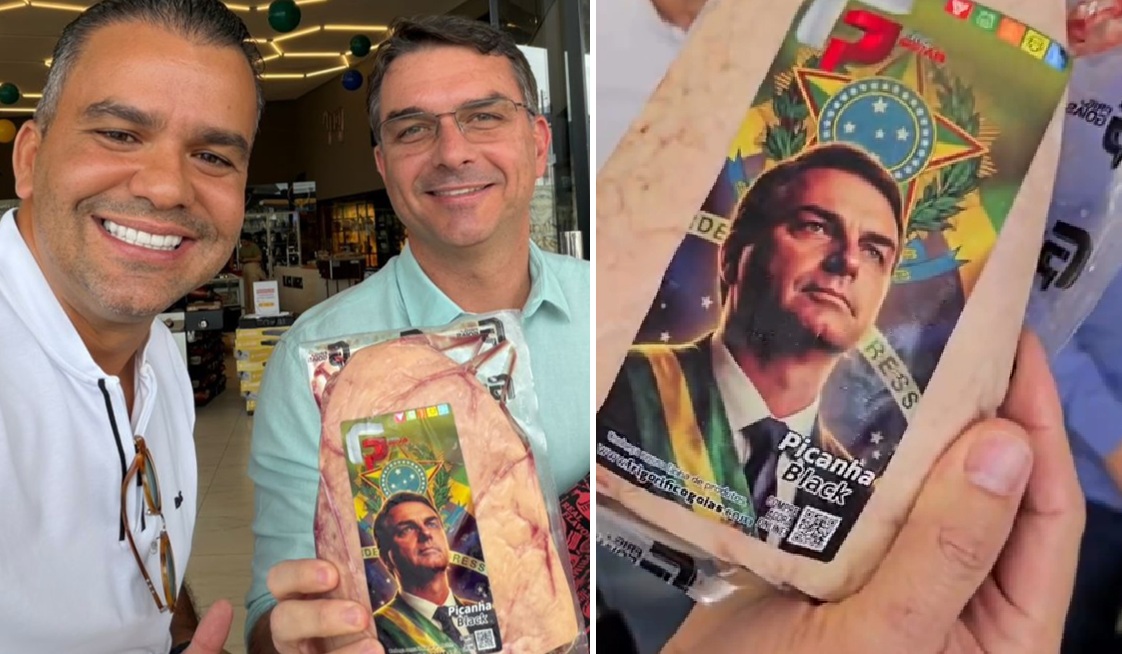 Flávio Bolsonaro ganha picanha com a sua foto durante agenda em Goiânia