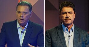 Marconi diz que Wilder deve seguir no Senado e lembra que sua suplente é esposa de Vanderlan Marconi Perillo e Wilder Morais durante o debate da TV Anhanguera