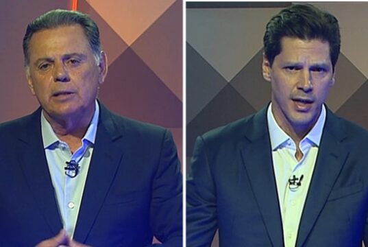 Marconi Perillo e Daniel Vilela durante debate da TV Anhanguera