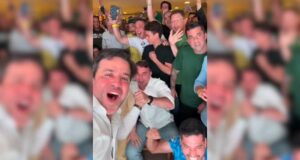 Pablo Marçal, Flávio Bolsonaro e aliados durante comemoração
