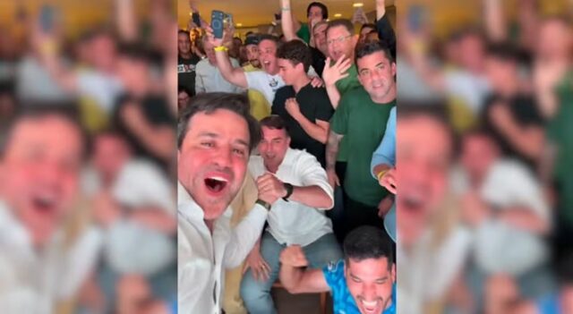 Comemoração de virada temporária de Flávio Bolsonaro viraliza nas redes sociais Pablo Marçal, Flávio Bolsonaro e aliados durante comemoração